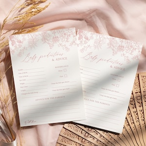 Roze toile kaart met voorspellingen en advies voor baby's, babyshowerspel met chinoiserie voor meisjes Vintage Franse bloemen Toile de Jouy-kaart Voorspellingen voor baby