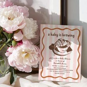 A baby is brewing Baby shower invitation Coffee baby shower invite Girl, Hand drawn Handwritten cafe bebe Baby brunch invite