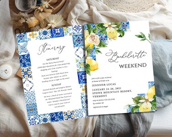 Lemons Bachelorette party invitation and itinerary, bachelorette weekend invitation, Positano blue tiles Citrus bachelorette invitation