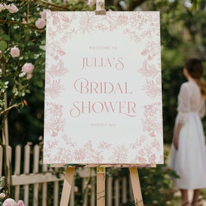 Rosa Toile Brautdusche Willkommensschild, Vintage Chinoiserie Blumengarten-Partydekor bearbeitbare Vorlage