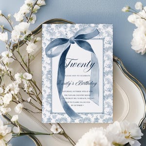 Blue Bow Birthday Invitation toile birthday invite, Adult birthday party Vintage Chinoiserie Dusty blue floral women birthday invite