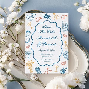 Mediterranean save the date card Citrus Italian Theme wedding invite Funky Whimsical Handwritten Hand drawn save the date