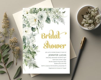 Greenery winter bridal shower invitation Eucalyptus bridal shower invite template, sage green White floral boho bridal shower invite