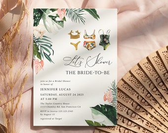 Tropical pool party bridal shower invitation, summer bridal invite, boho floral beach tropical bridal shower invite