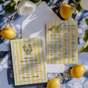 Chronologie d'un mariage italien, lettre de bienvenue : programme citron et agrumes, modèle d'itinéraire pour l'ordre des événements