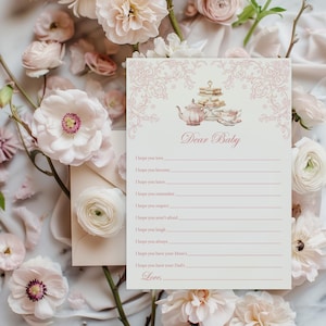 Tarjeta de deseos para bebé con té rosa Juegos de fiesta de té para baby shower de niña, Chinoiserie floral vintage Deseos de baby shower con té para niña