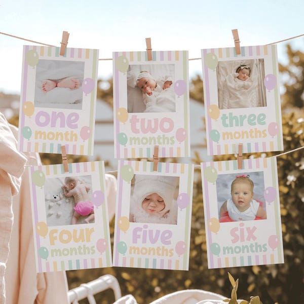 1st Birthday Photo Banner, pastel striped balloon Party decor, Editable Monthly Photos Template