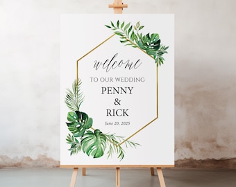 Tropical wedding welcome sign palm leaf monstera wedding sign template, Greenery wedding decoration, geometric boho beach welcome sign