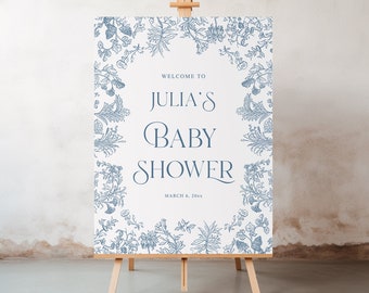 Baby shower welcome sign Dusty blue Chinoiserie Baby shower Sign, Toile de Jouy Vintage floral Baby boy shower decor Toile welcome sign