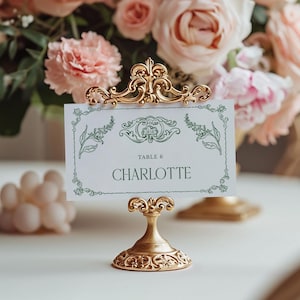 Cartões de lugar verdes, cartões de nome de casamento vitoriano Regency, etiquetas de alimentos, cartões de bufê, cartão de nome floral vintage, decoração de casamento botânica