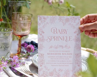 Pink Toile Baby Sprinkle Invitation: Girl Vintage French Country Garden Shower Invite template