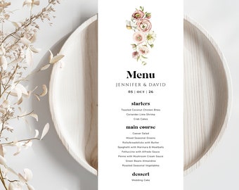 Pink floral Wedding menu template Minimalist wedding table decor, birthday party menu, Baptism menu