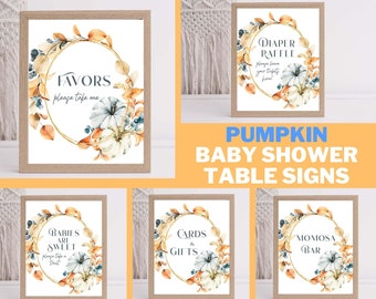 Fall Baby shower signs bundle boy baby shower decoration, white blue little pumpkin table signs, Autumn Pumpkin baby shower decor