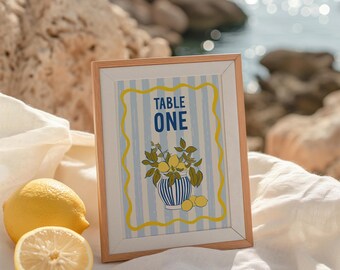 Citrus Lemon Wedding Table Numbers: Italian Mediterranean, La dolce vita party Decor (Editable Template)