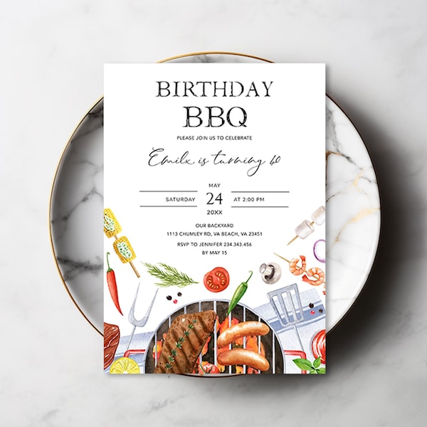 BBQ Birthday invitation, Backyard birthday party invitation spring summer, Barbecue grill burger birthday invite, Adult BBQ party invitation