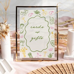 Letrero de tarjetas y regalos escritos a mano, letrero de mesa dibujado a mano, letrero de despedida de soltera, letrero de baby shower de cítricos italianos mediterráneos, letrero de mesa de cumpleaños