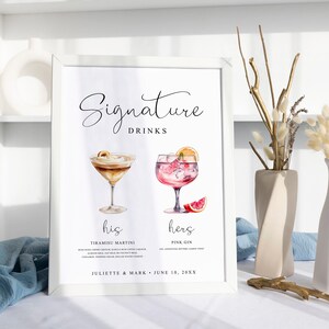 Letrero de bebida de autor, plantilla de menú de bar, letrero de cóctel de bar de boda moderno minimalista, letrero de bebida para él y para ella, menú de bebidas editable