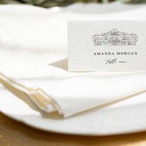 Modèle de marque-places de mariage minimaliste, cartes de buffet de mariage architecture ancienne, cartes de tente pliée, cartes de nom de mariage méditerranéen