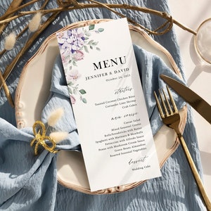 Purple floral menu card pink lavender wedding menu printable baby shower menu, bridal shower, Baptism menu table decor