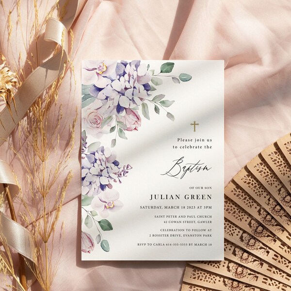 Lavender Girl Baptism Invitation Etsy
