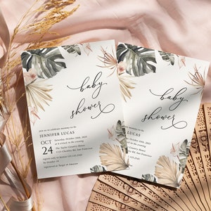 Tropical baby shower invitation girl baby shower invite template blush pink floral greenery palm leaf Boho baby shower invitation