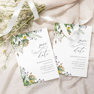 Wildflower Save The Date boho floral wedding save the date card template Spring summer flowers Wedding invitation