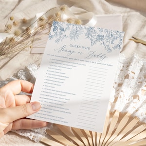 Raad eens wie mama- of papaspel Stofblauw toile babyshowerspel Chinoiserie jongensbabyshower mama- of papaspel