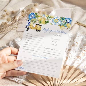 Citroen babyshower voorspellingen voor baby en advieskaart, Positano blauwe tegel Amalfikust Italiaanse babyvoorspelling Citrus douche advieskaarten