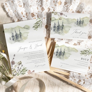 Mountain wedding invitation set floral forest wedding invite template Boho rustic wildflower wedding invitation