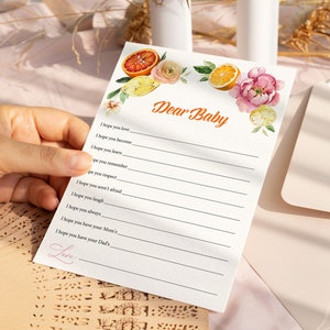 Deseos de cítricos para tarjeta de bebé Juego de baby shower de niña Limones naranjas tarjeta de deseos de bebé Imprimible Rosa floral cutie decoración de baby shower