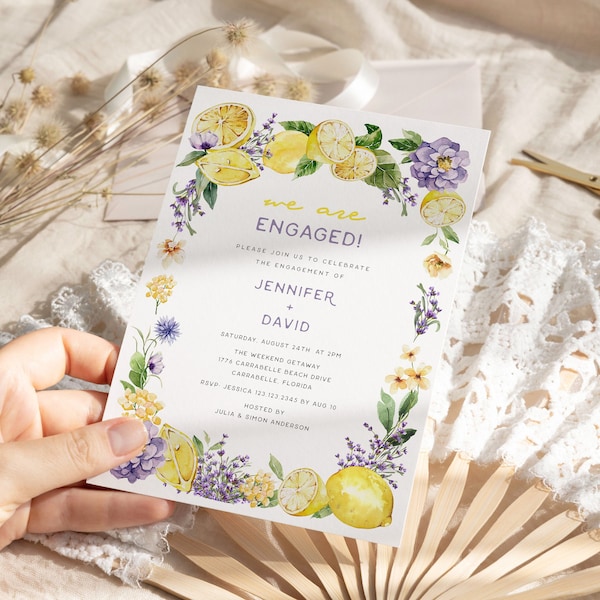 Faire-part de fiançailles au citron, faire-part de shower de mariage mixte Invitation de fiançailles de mariage lavande florale violette aux agrumes