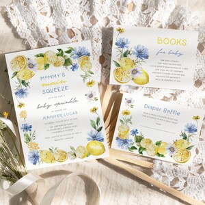 Convite para bebê com limão, livros para bebê, cartão de rifa de fraldas, convite para bebê com limão floral cítrico azul italiano, convite para apertar principal da mamãe