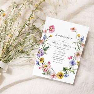 Wildflower wedding invitation template Spring summer wedding invite Colorful Modern botanical boho Floral wedding invitation