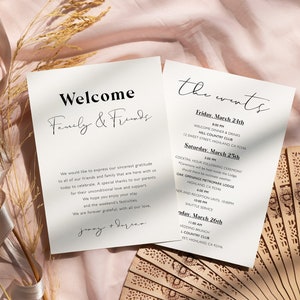 Cronograma do casamento Cartão de eventos de casamento minimalista Itinerário Carta de boas-vindas moderna Cronograma de casamento editável para impressão Ordem dos eventos