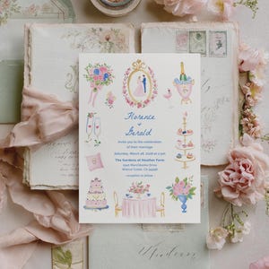 May include: A wedding invitation featuring floral illustrations and the names "Florence & Gerald" in blue script. The invitation is surrounded by pink roses, envelopes, and stationery, creating a soft, romantic atmosphere.