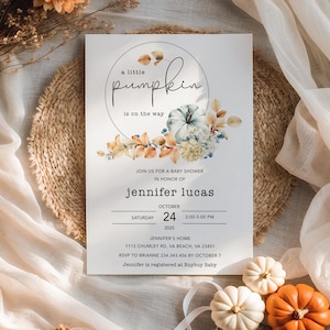 Blue pumpkin baby shower invitation boy baby shower invite, little pumpkin is on the way invite Autumn Fall baby shower invitation