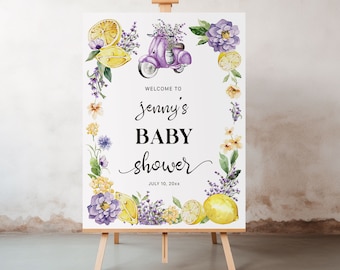 Lemon baby shower welcome sign Citrus baby shower decor, Purple floral lavender welcome sign Italian theme baby shower sign