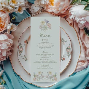 Botanisches Menükarte Vintage Blumen Hochzeitsmenü, Pastell Babyparty, Brautpartymenü, Taufe, Wildblumen Geburtstagsmenükarten