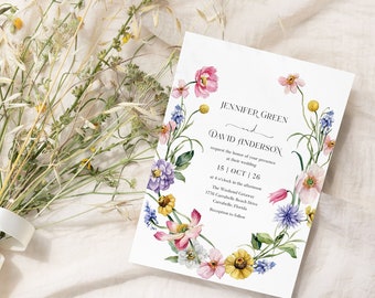 Wildflower wedding invitation template Spring summer wedding invite Colorful Modern botanical boho Floral wedding invitation