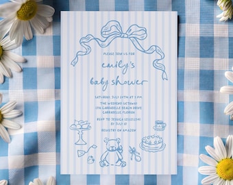 Invitación para baby shower con osito de peluche: lazo azul y rayas para niño, plantilla digital