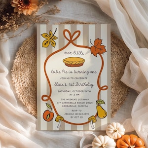 Little Cutie Pie 1st Birthday Invitation: Fall Stripes Invite Template, Hand-drawn Whimsical Doodle