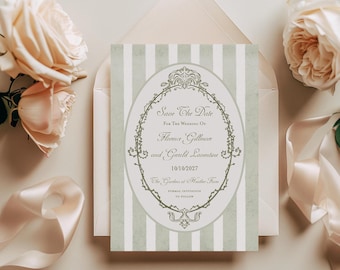 Sage Green Striped Save the Date Template: Vintage Old Money Wedding Digital Template