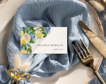 Lemons place card Amalfi name cards lemon baby shower food labels Italian Bridal shower buffet cards Positano Tent cards Citrus party decor