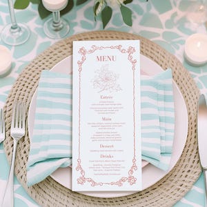 Menú de boda y tarjetas de lugar, decoración de mesa de boda con jardín floral vintage, cena de ensayo, menú de cumpleaños, menú de despedida de soltera con flores rosas