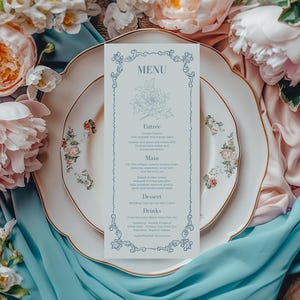 Blue wedding menu card Vintage floral wedding table decor, Rehearsal dinner menu, Bridal shower decoration, Birthday menu card