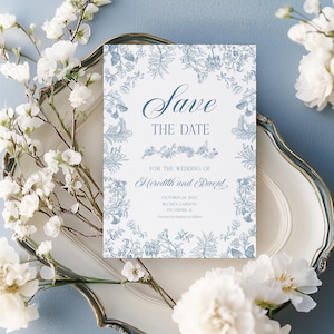 Toile Save the Date Karte Staubblaue Blumenmuster Save the Date Vorlage, Vintage Chinoiserie Hochzeit Save the Date Einladung