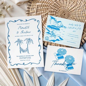 Coastal wedding invitation Suite, Tropical beach Theme, Hand-drawn summer Palm invite Template