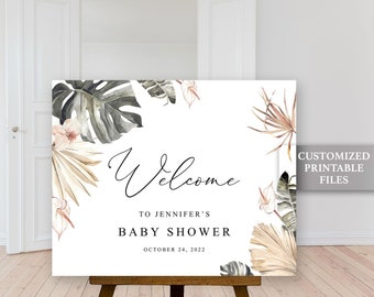 Tropical Baby shower welcome sign PRINTABLE floral greenery girl baby shower decoration palm leaf welcome sign template