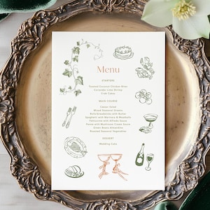 Carte de menu de mariage verte Modèle de menu dessiné à la main, menu de dîner d'anniversaire de fête de jardin lunatique, menu de dîner botanique de répétition de lierre