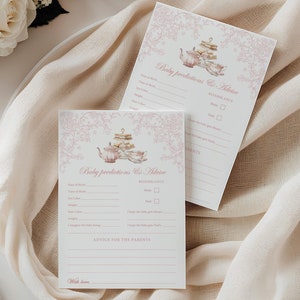 Prédictions et carte de conseils de bébé de thé rose, jeux de partie de thé de baby shower de fille, prédictions de baby shower de thé de chinoiserie florale vintage pour bébé